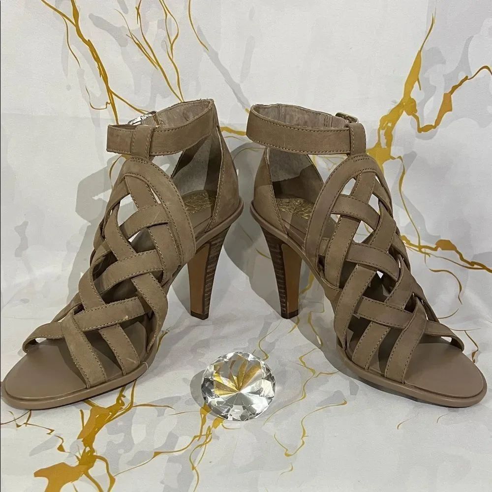 * Vince Camuto Mushroom Suede Strappy Heels